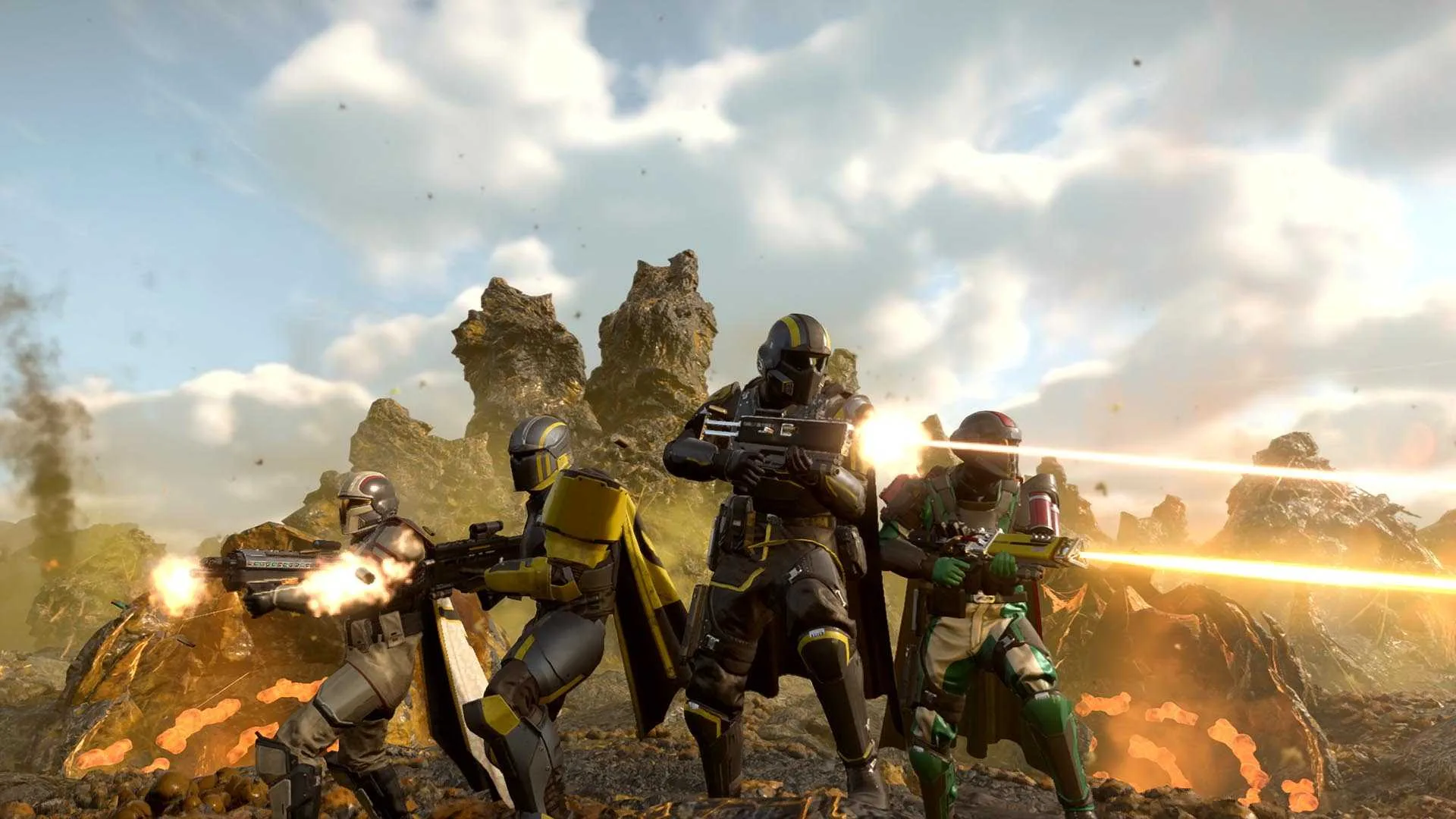 Helldivers shooting toward the camera in Helldivers 2.
