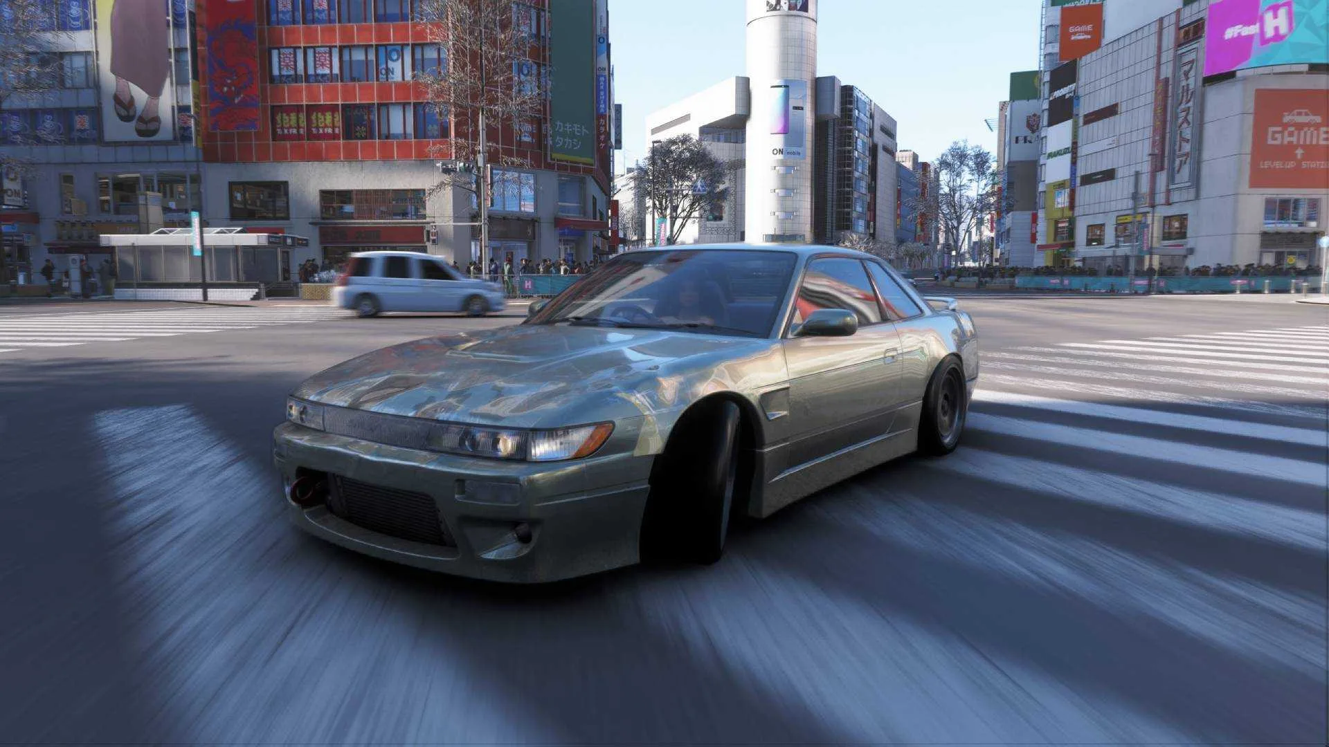 A Nissan Silvia K's drifing through Shibuya Crossing in Forza Horizon 6.