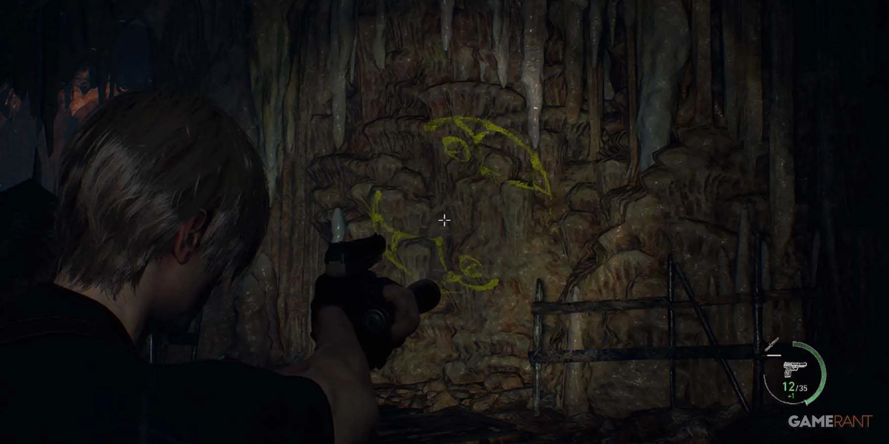 Leon aiming at a symbol painted on a cave wall in Resident Evil 4 Remake.