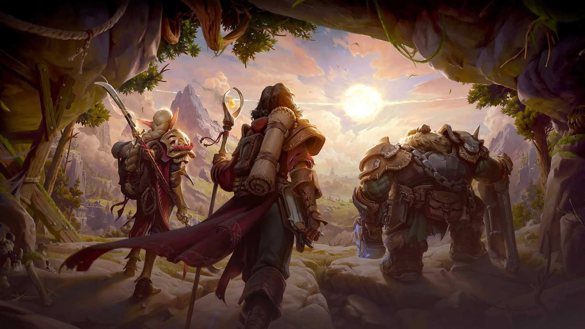 title art for IO Interactive’s next project, a fantasy RPG. Three figures are backlit by a setting sun; one appears to be an elf, another a human, a third a dwarf in bulky armor.