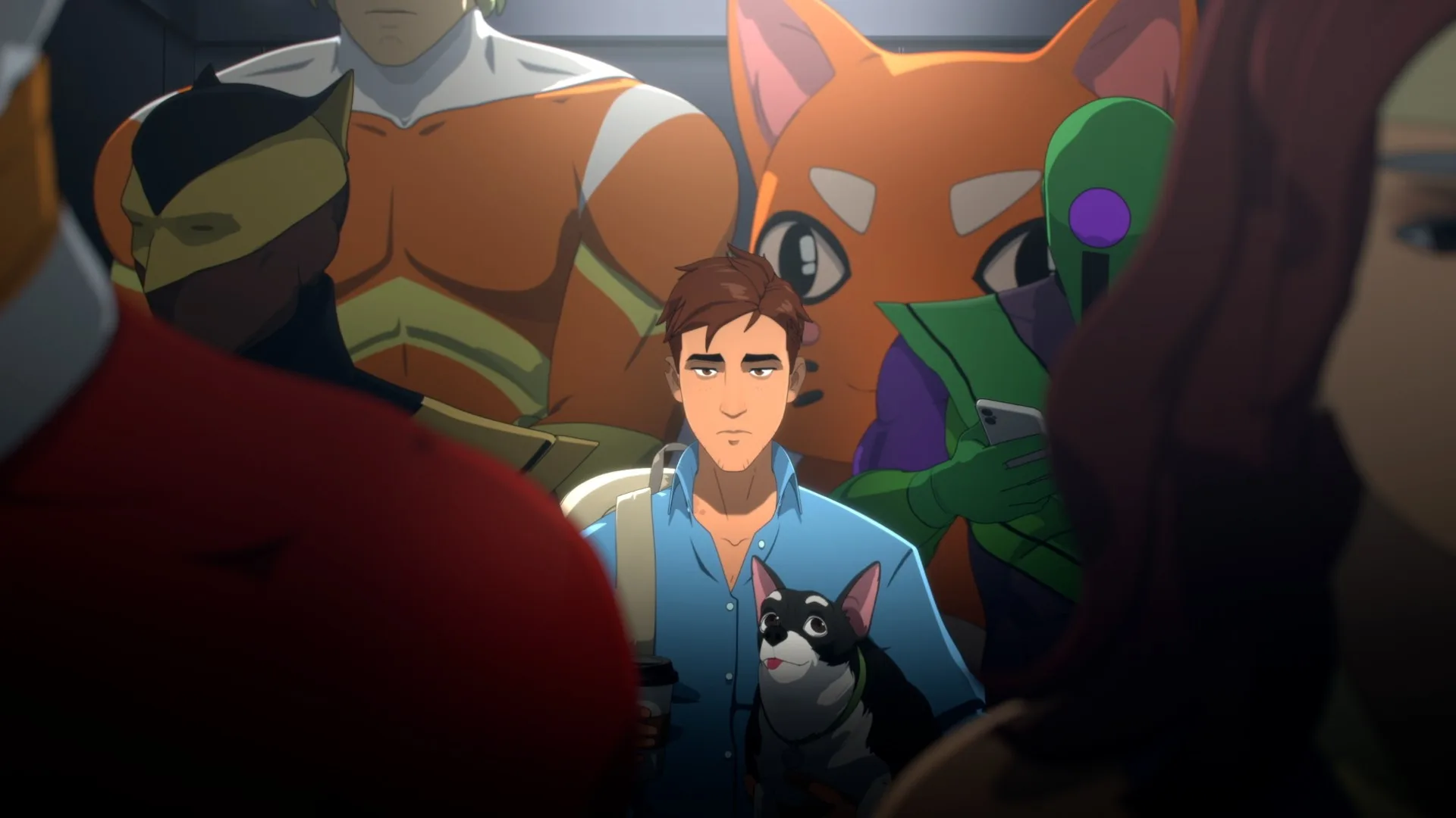 Robert, the protagonist of AdHoc Studio&amp;#039;s dispatch, stands in a crammed elevator full of superheroes.