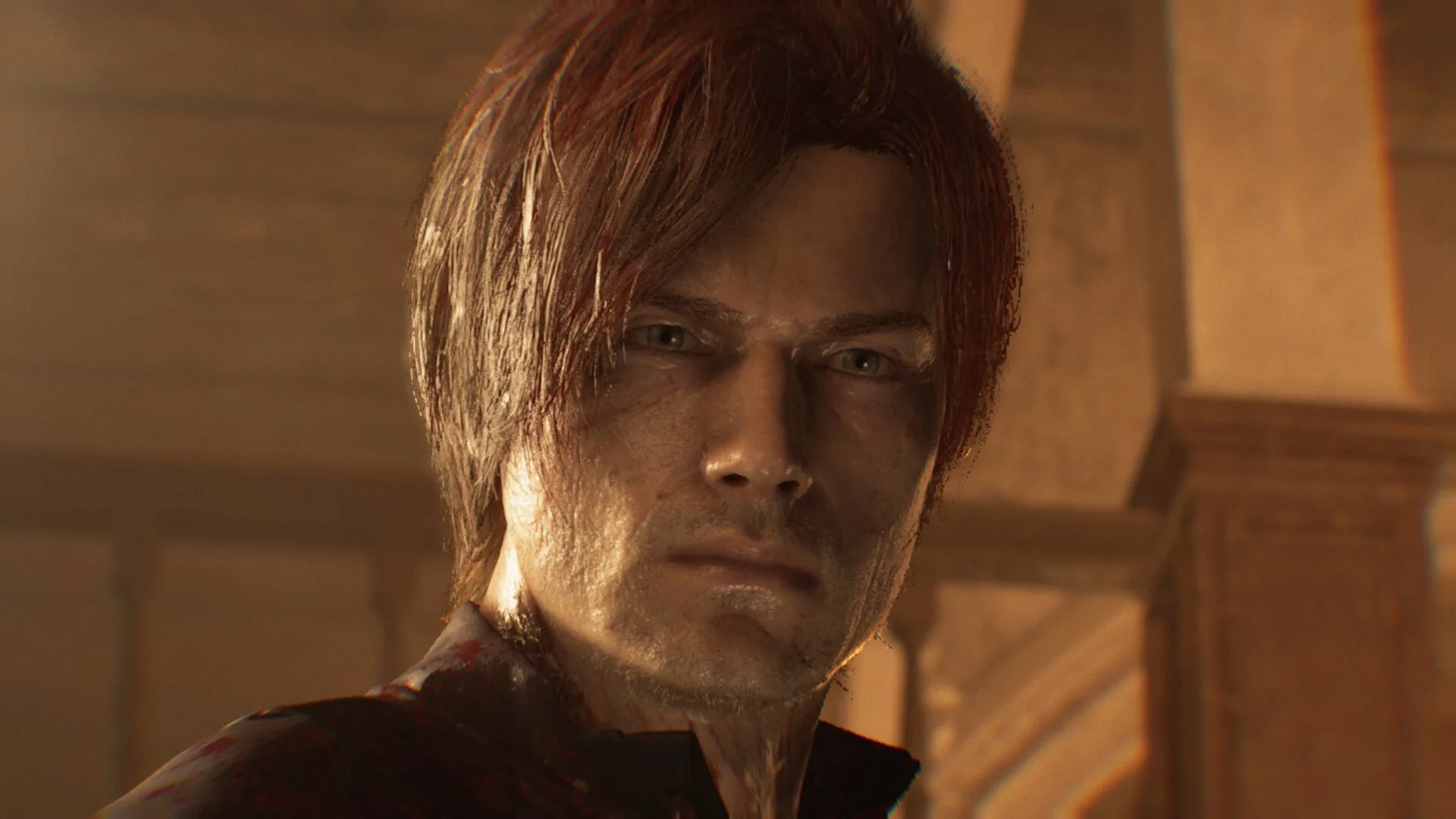 Close-up of Leon Kennedy from Resident Evil Requiem.