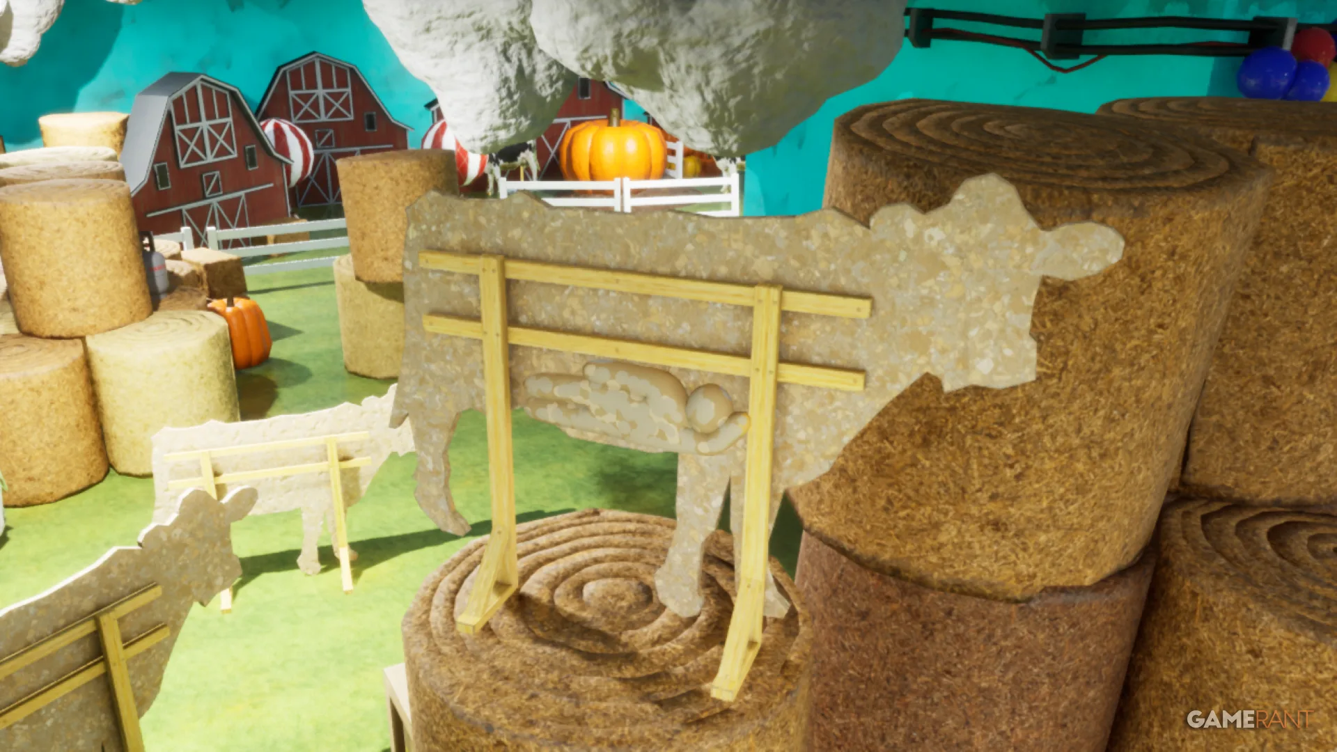 meccha chameleon player hiding on the back of a plywood cow camoflauged