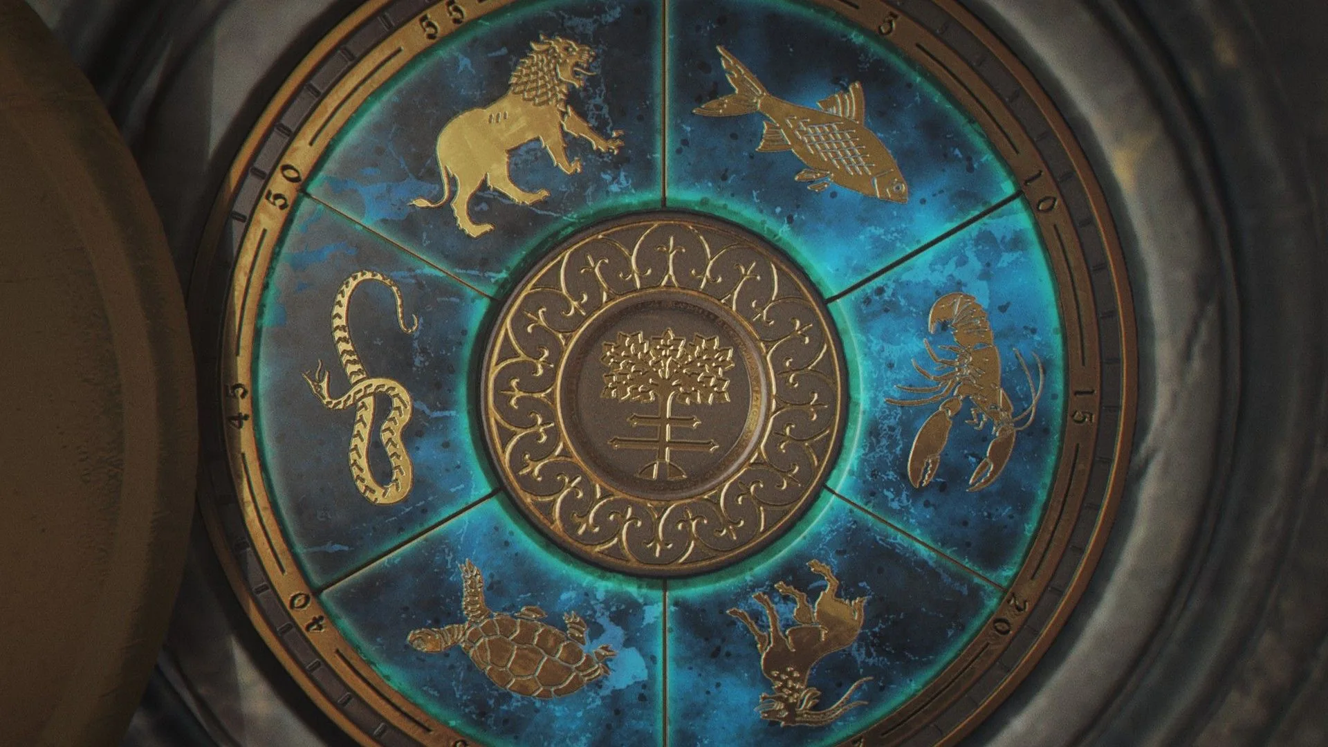 007 First Light fireplace puzzle dial with animal symbols.
