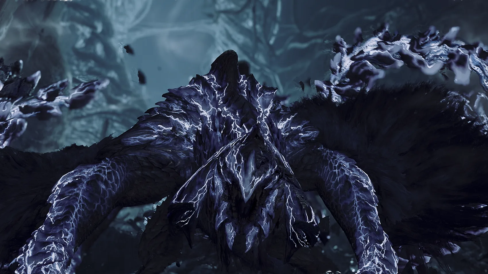 Monster Hunter Wilds: Close-up of a fearsome monster with glowing patterns.