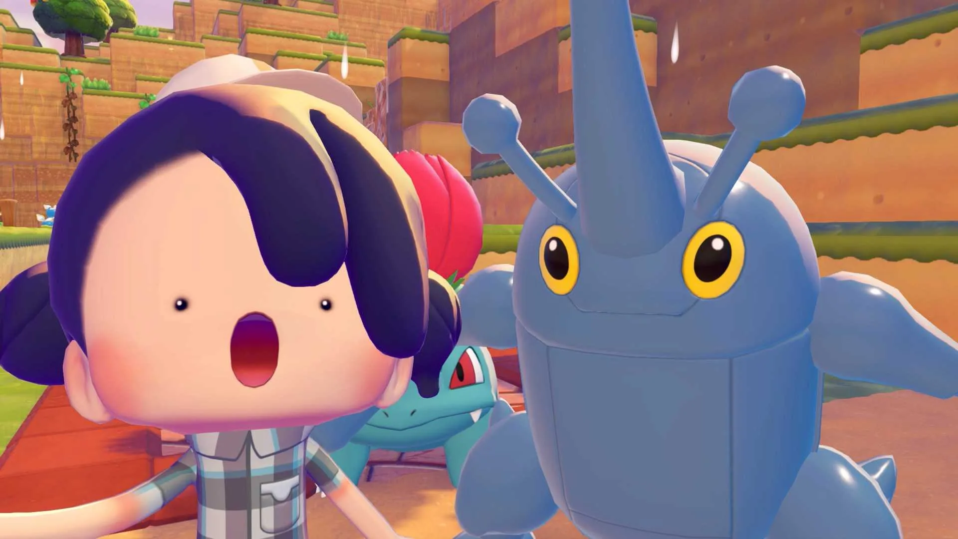 A human Ditto poses with a Heracross in Pokémon Pokopia