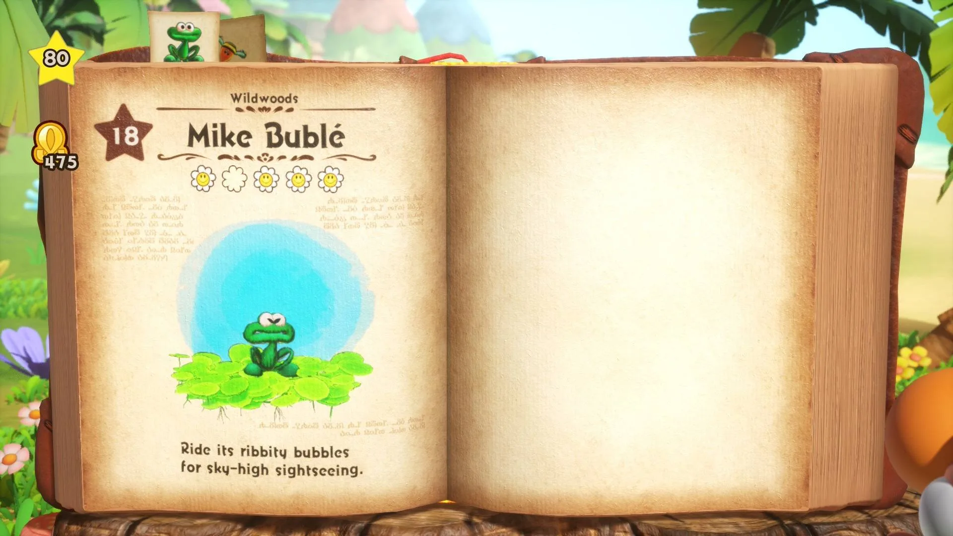 In-game book page featuring Mike Bublé in 'Yoshi and the Mysterious Book'.