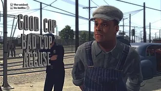 A black man with a hat stands in a railyard, looking to the camera's left. On the left of the screen are three prompts: