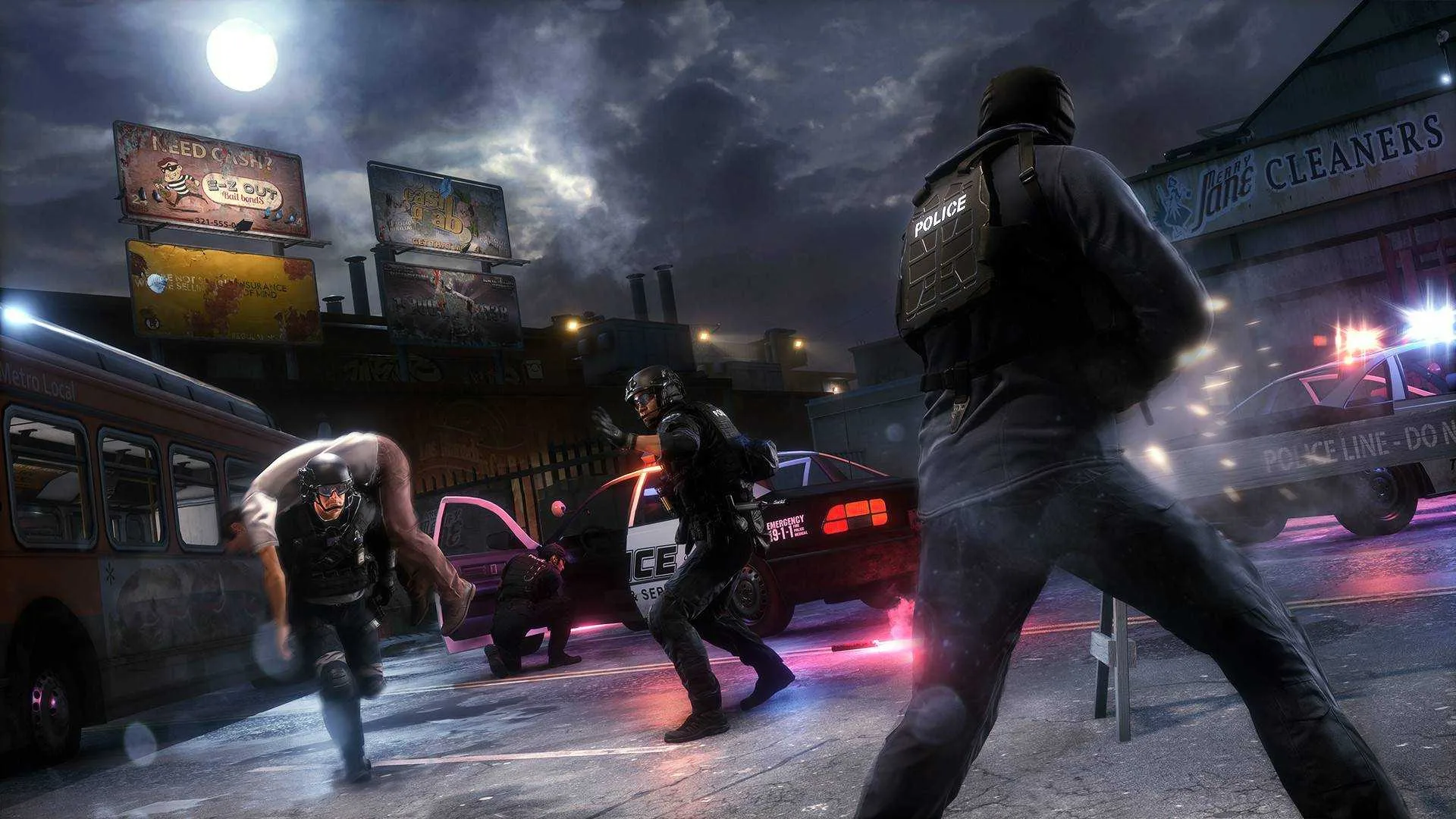 A police officer carrying a wounded civilian on their shoulders as other police offers shoot back against enemies in the street.