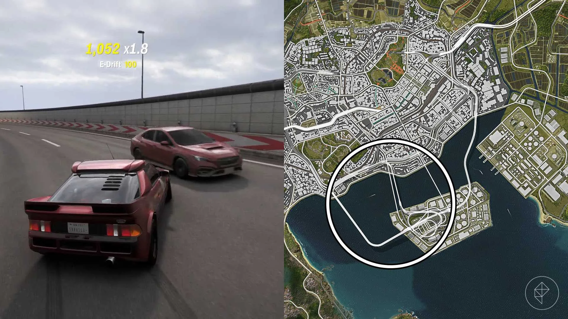 A montage with two Forza Horizon 6 pictures showing the location where players can try to land a lucky escape skill in the southeastern side of Tokyo City