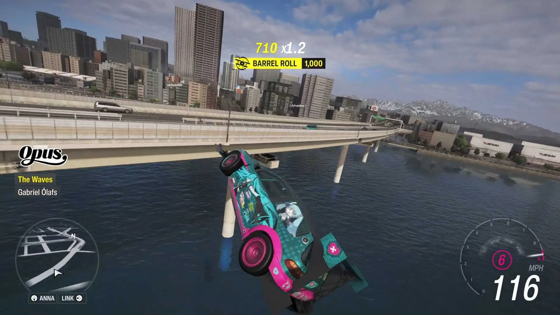 A Forza Horizon 6 screenshot showing a car after landing a barrel roll skill