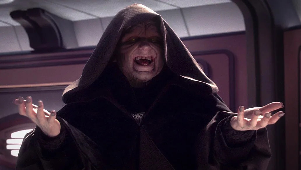 The hooded figure of Emperor Palpatine - Darth Sidious - cackling merrily to himself.