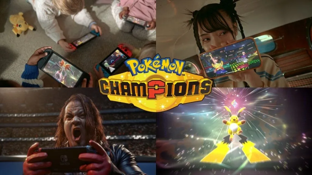 Pokémon Champions collage: Players, logo, and Mega Evolution gameplay.