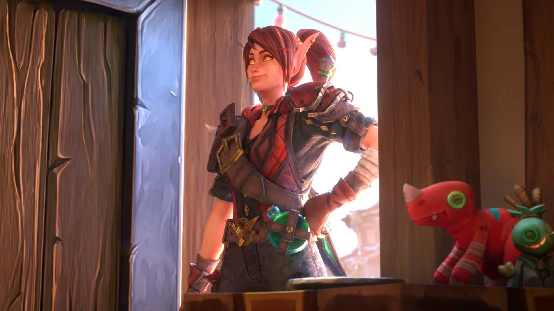 An animated blood elf rogue entering her house near Orgrimmar, with a murloc and raptor plushie to the right of the screen
