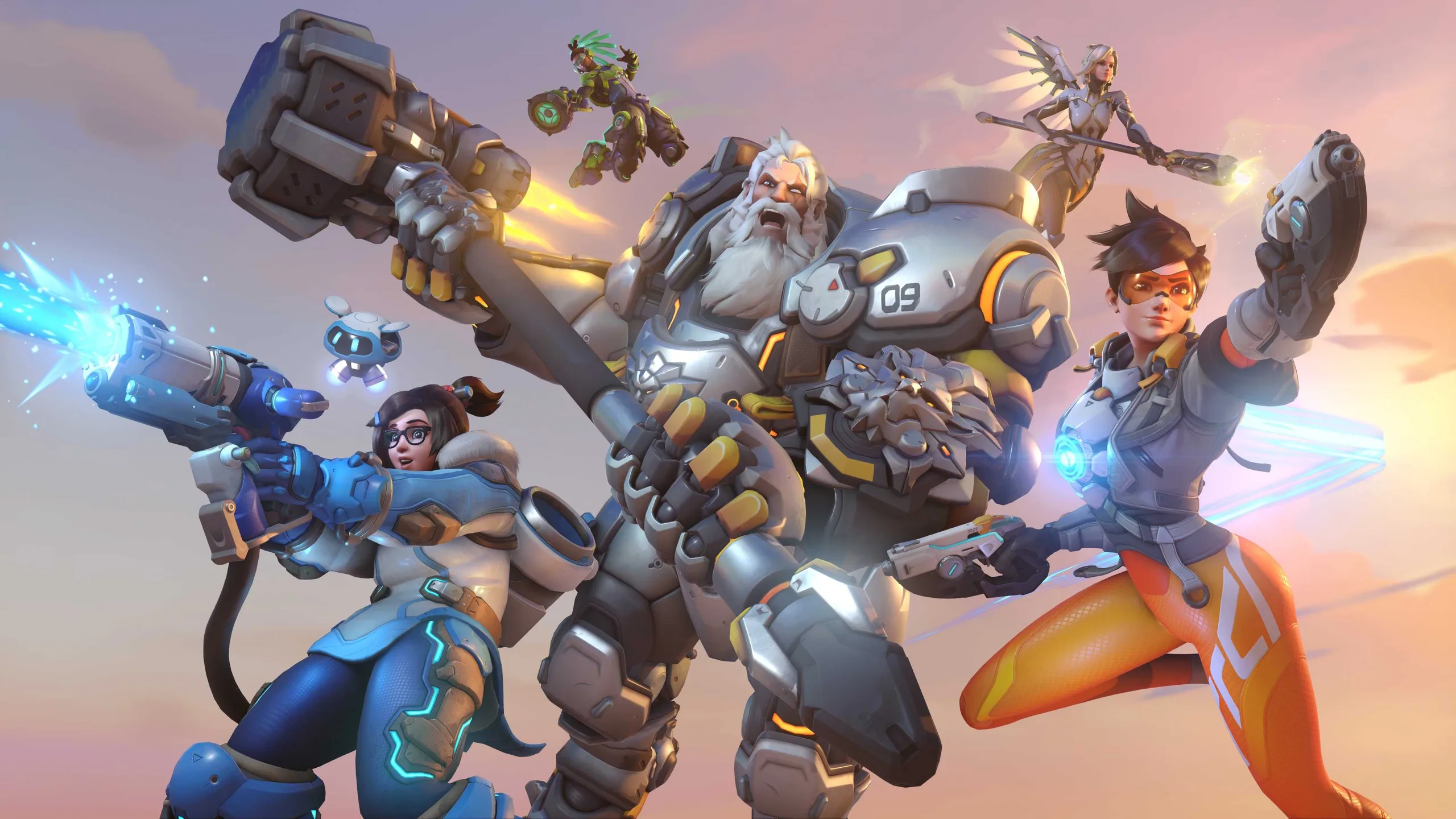 Mei, Lucio, Mercy, Reinhardt, and Tracer in a piece of Overwatch 2 promo art
