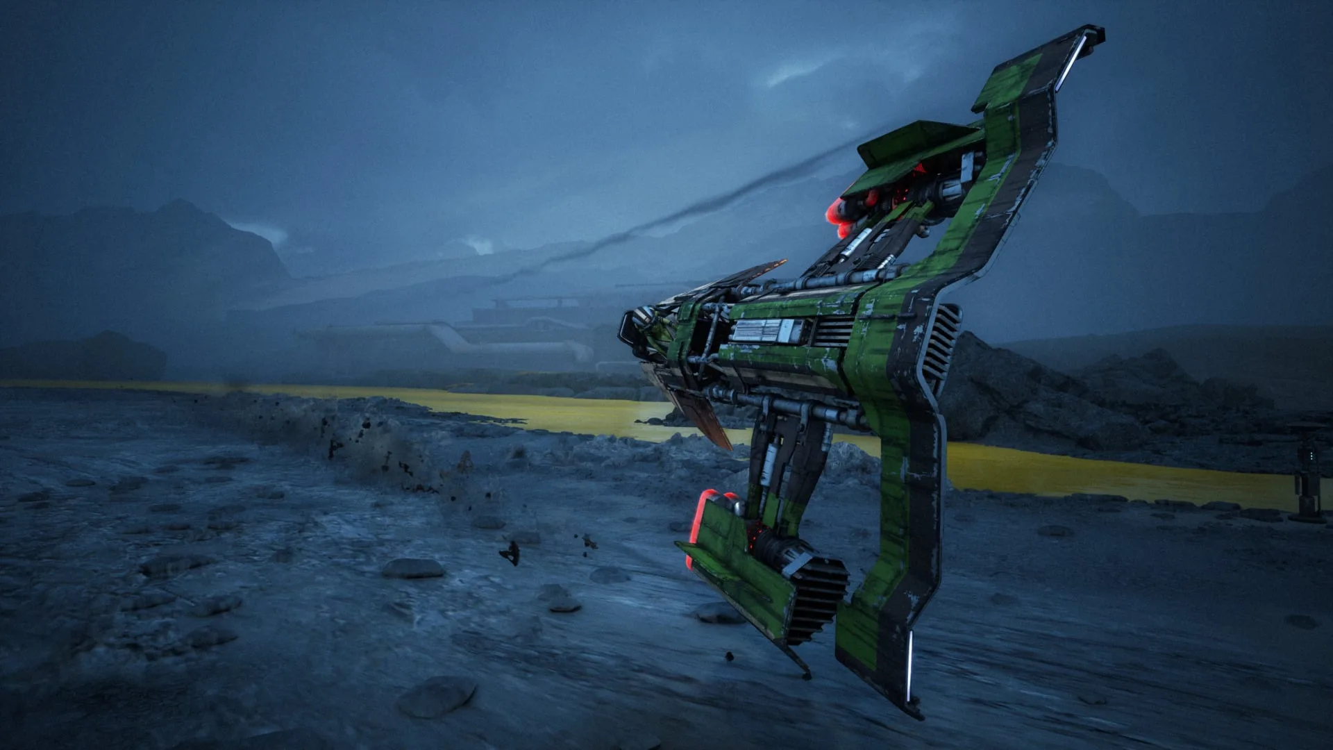 A speeder races at night.