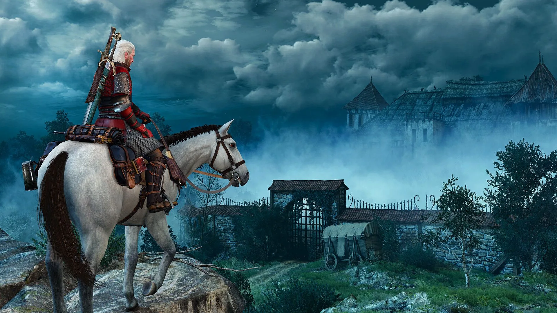 Geralt on Roach overlooking a misty manor in The Witcher 3. Expansion delayed to 2027.