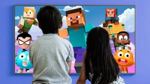 Kids watching TV with Minecraft and cartoon characters.