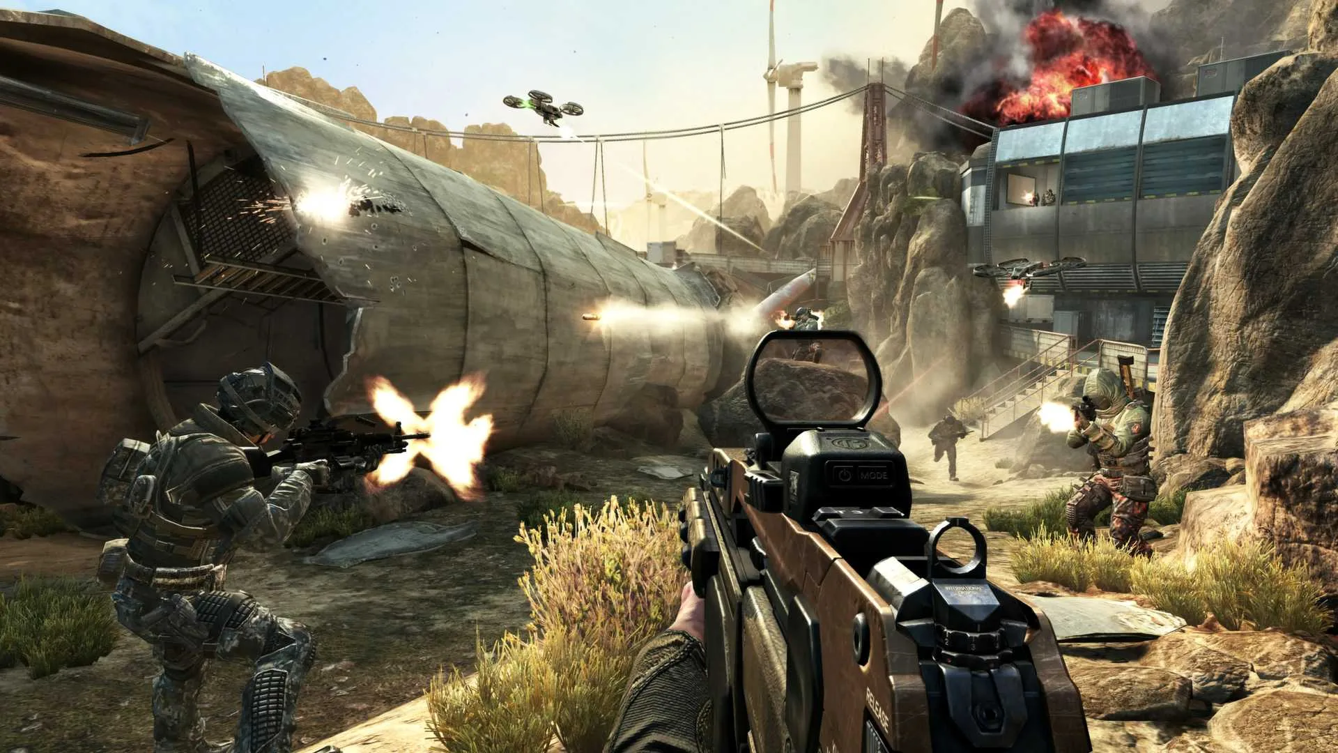 A gunfight in Call of Duty: Black Ops 2, with an exploding building seen on the top right.