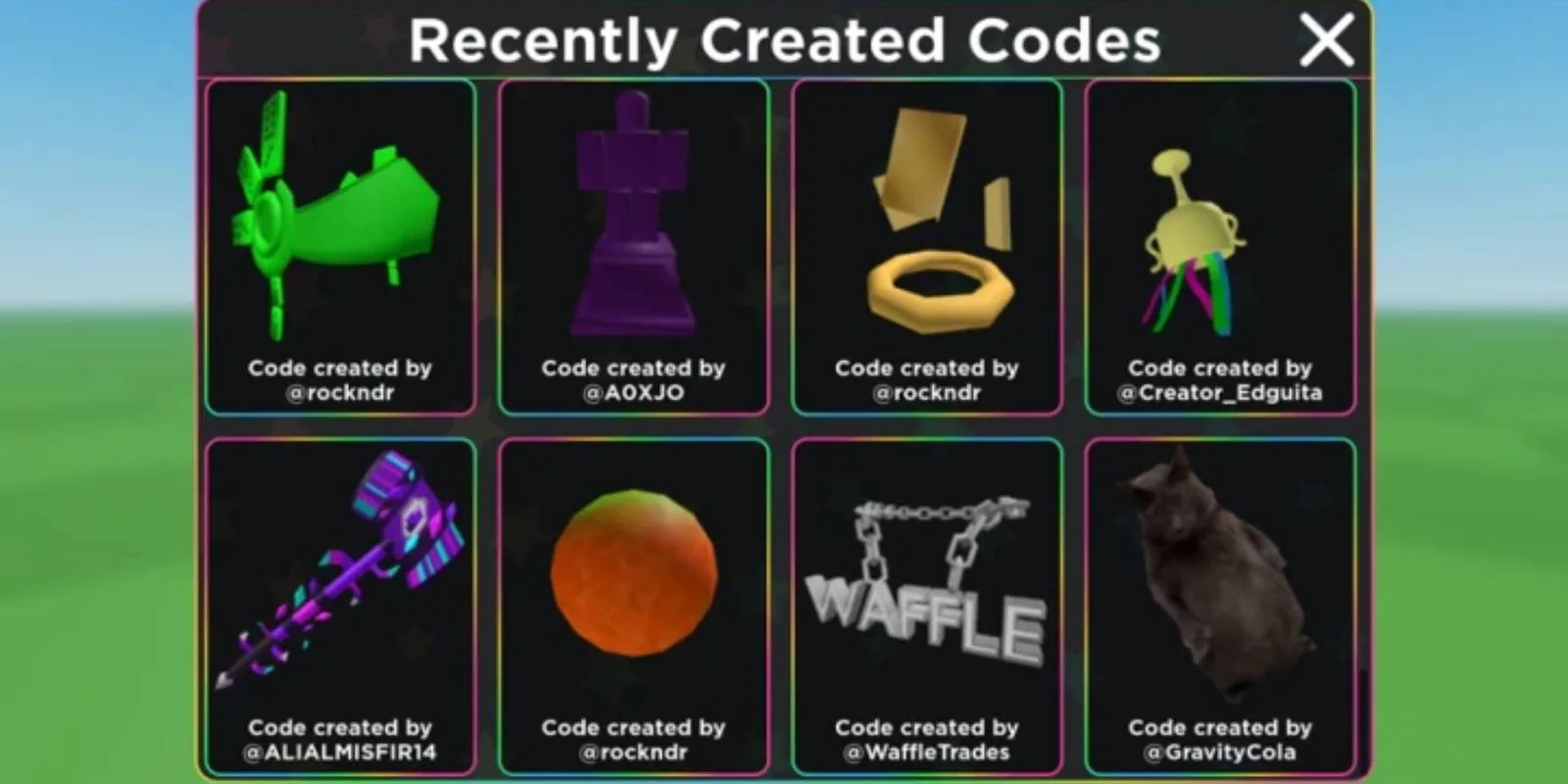 Roblox UGC codes: Recently created items and creators.