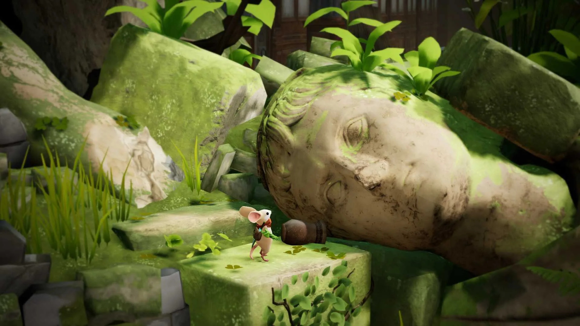 A mouse stands by a statue in Moss: The Forgotten Relic.