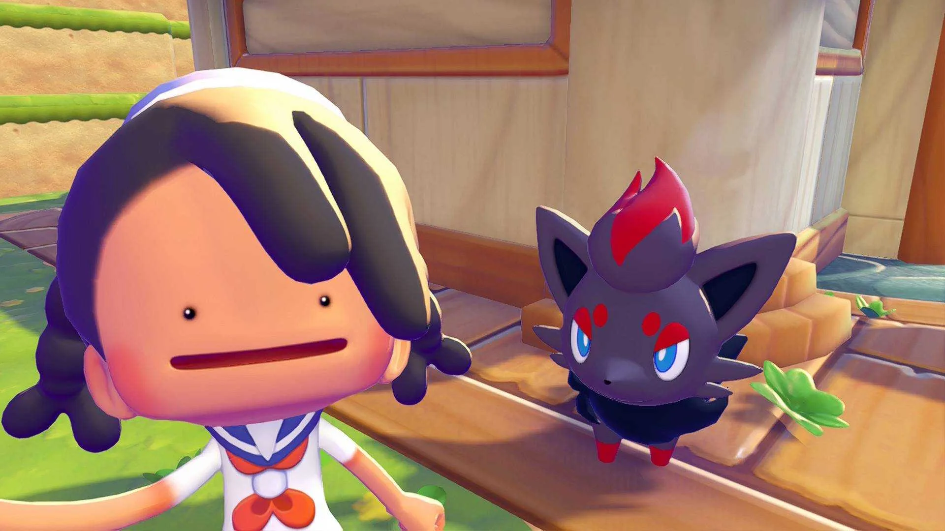 Ditto and Zorua taking a selfie in Pokemon Pokopia.