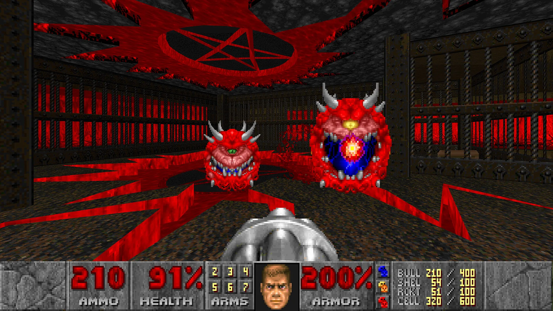Doom gameplay featuring Cacodemon enemies.