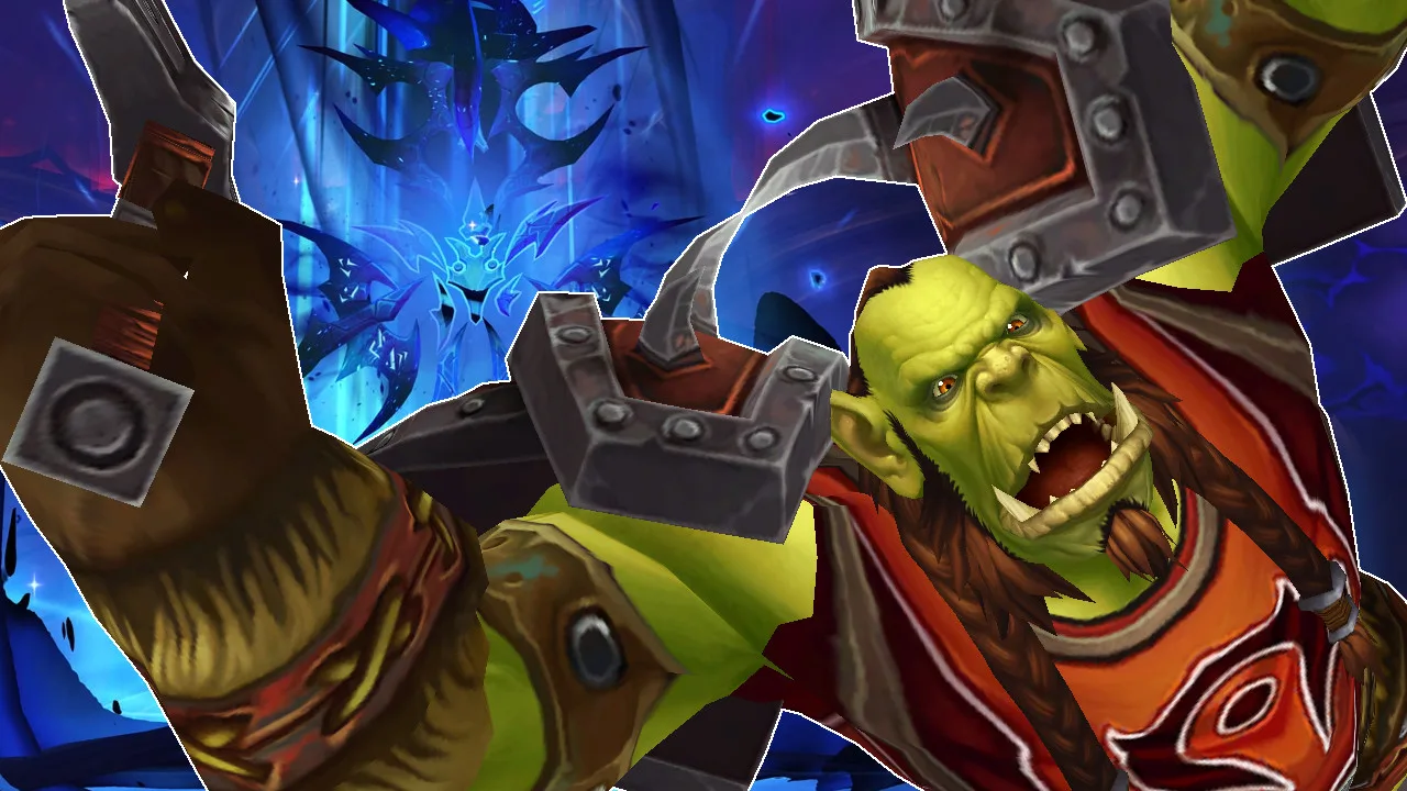 WoW Orc character in front of a blue, abstract background.