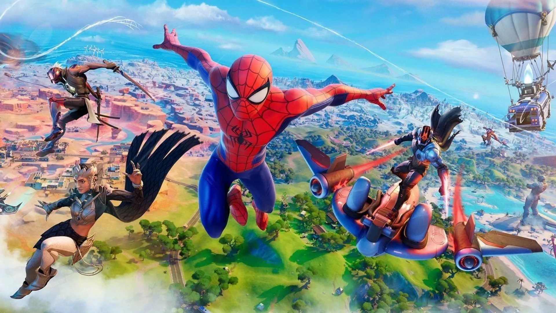 Spider-Man jumping into Fortnite map
