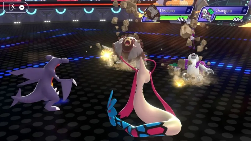Pokémon Champions gameplay screenshot featuring Ursaluna, Oranguru, Garchomp, and Milotic.