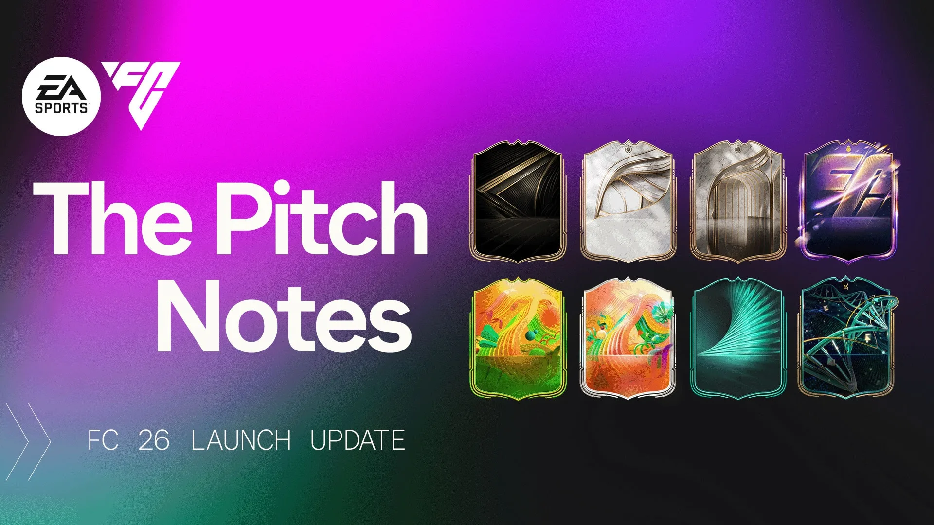 EA Sports FC 26 Pitch Notes launch update. Image features logos and nine colorful card designs on a vibrant purple and green background.