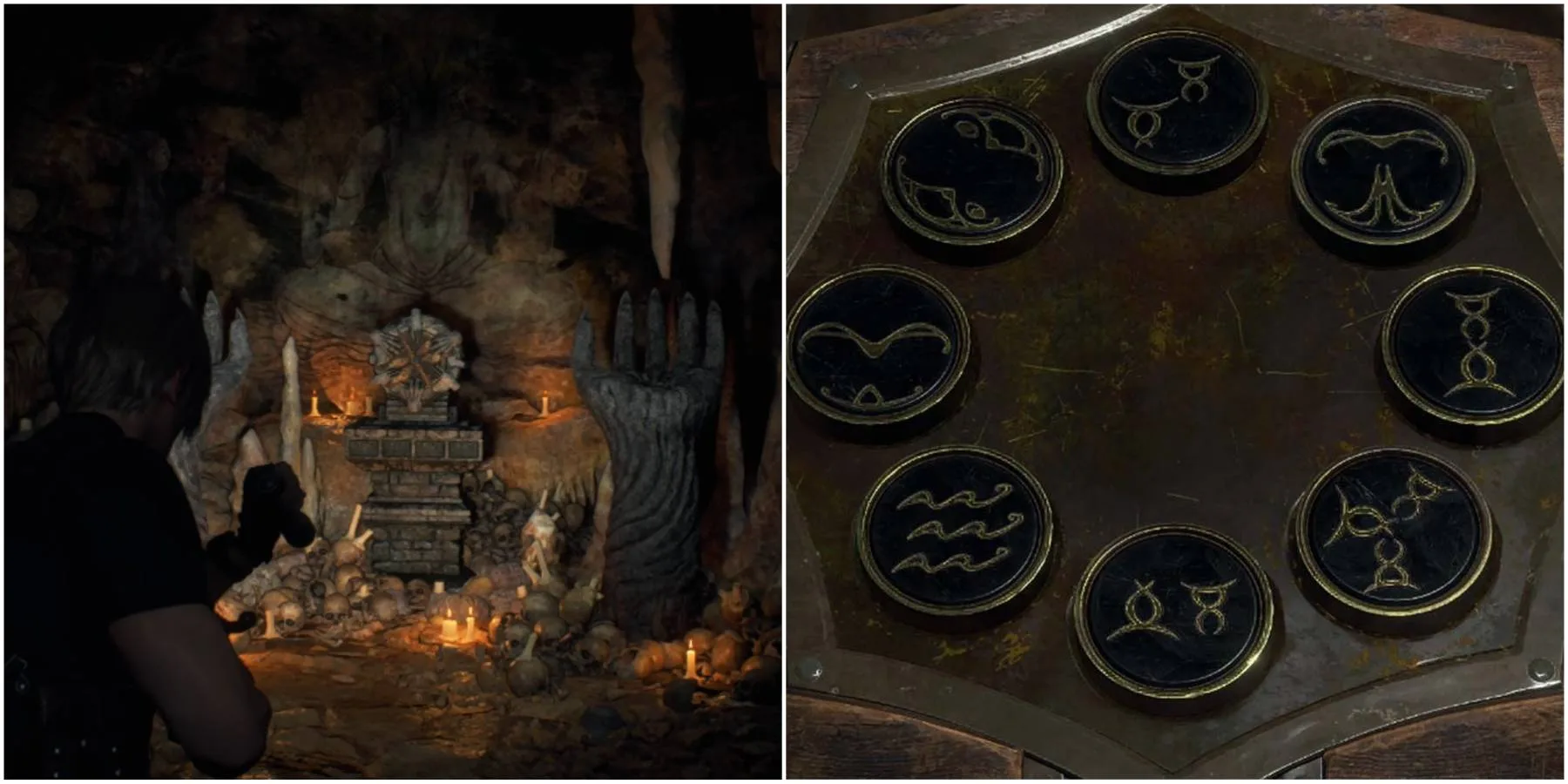 RE4 Remake Lake puzzle altar and door mechanism with symbols.