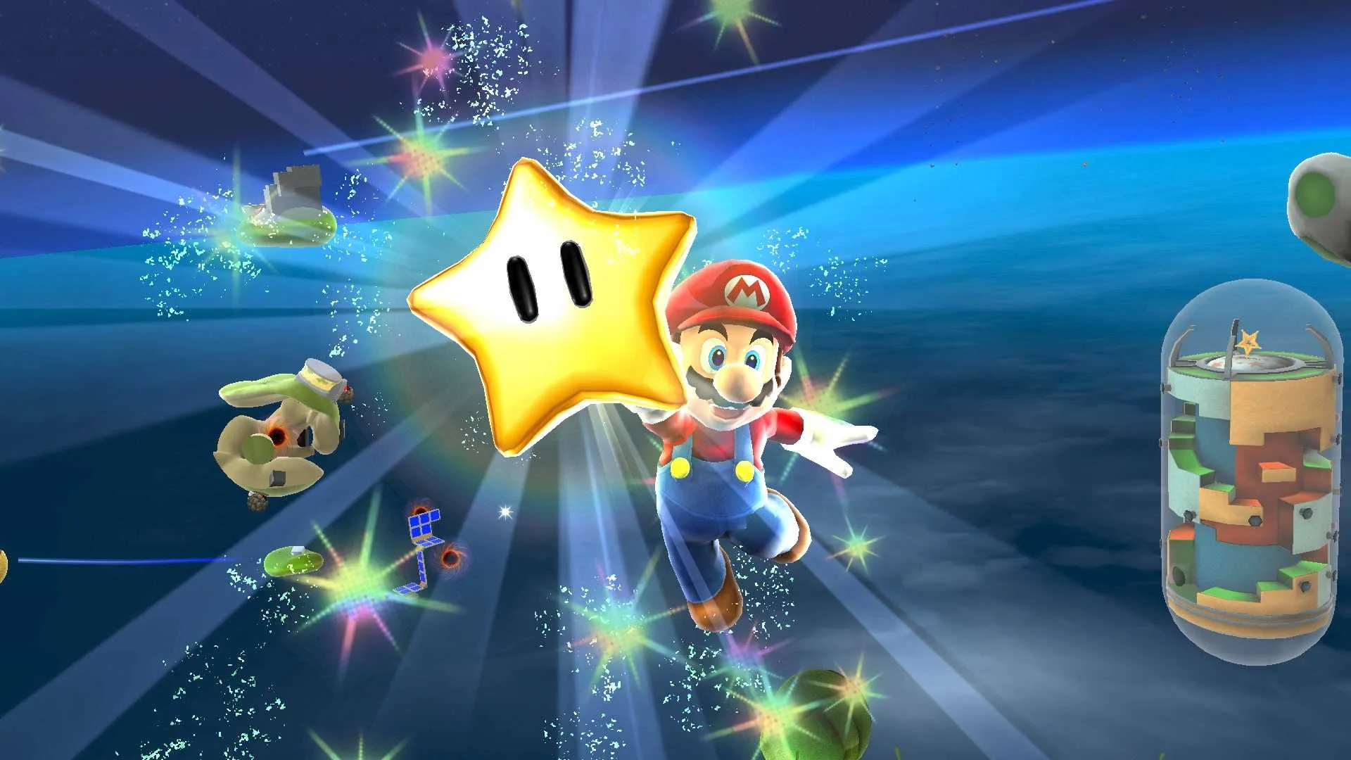 Super Mario Galaxy screenshot: Mario grabs a star.