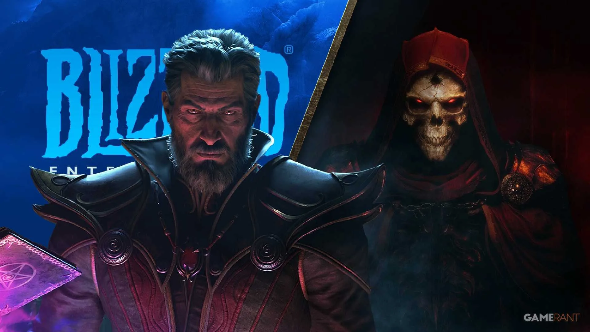 Characters from Diablo 2 Resurrected and the Blizzard logo.