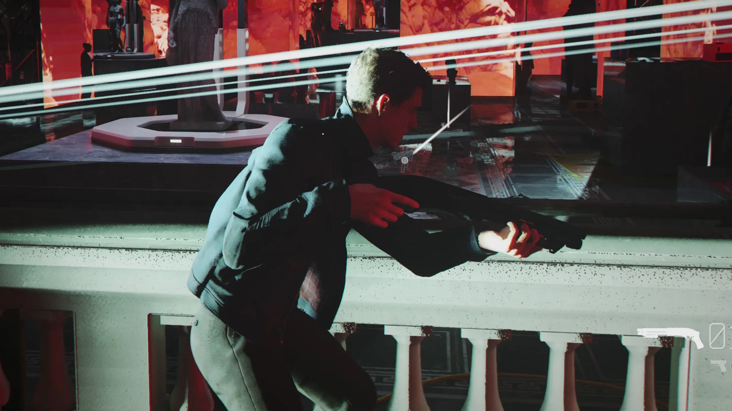 James Bond holds a shotgun in a red-lit room while bullets streak past