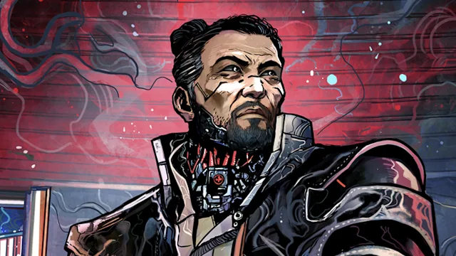 Cyberpunk character art with cybernetic implants.