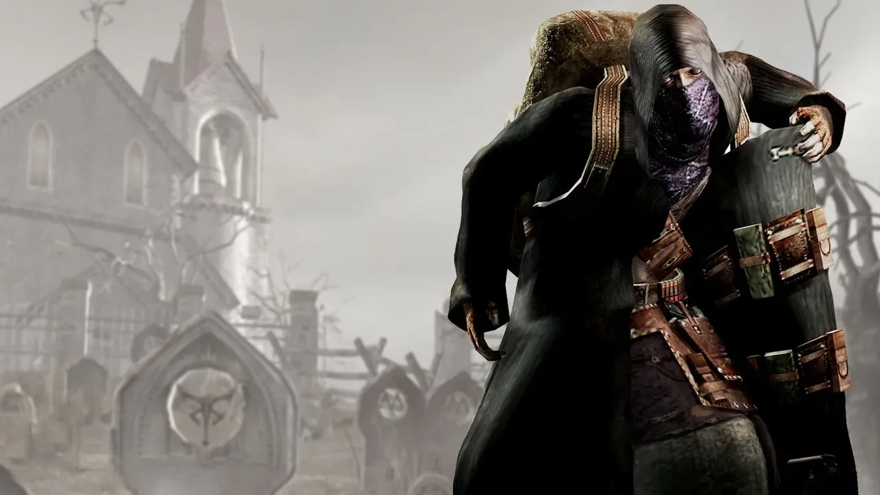 Resident Evil 4 Remake's Merchant, burdened by debt, in a graveyard setting.