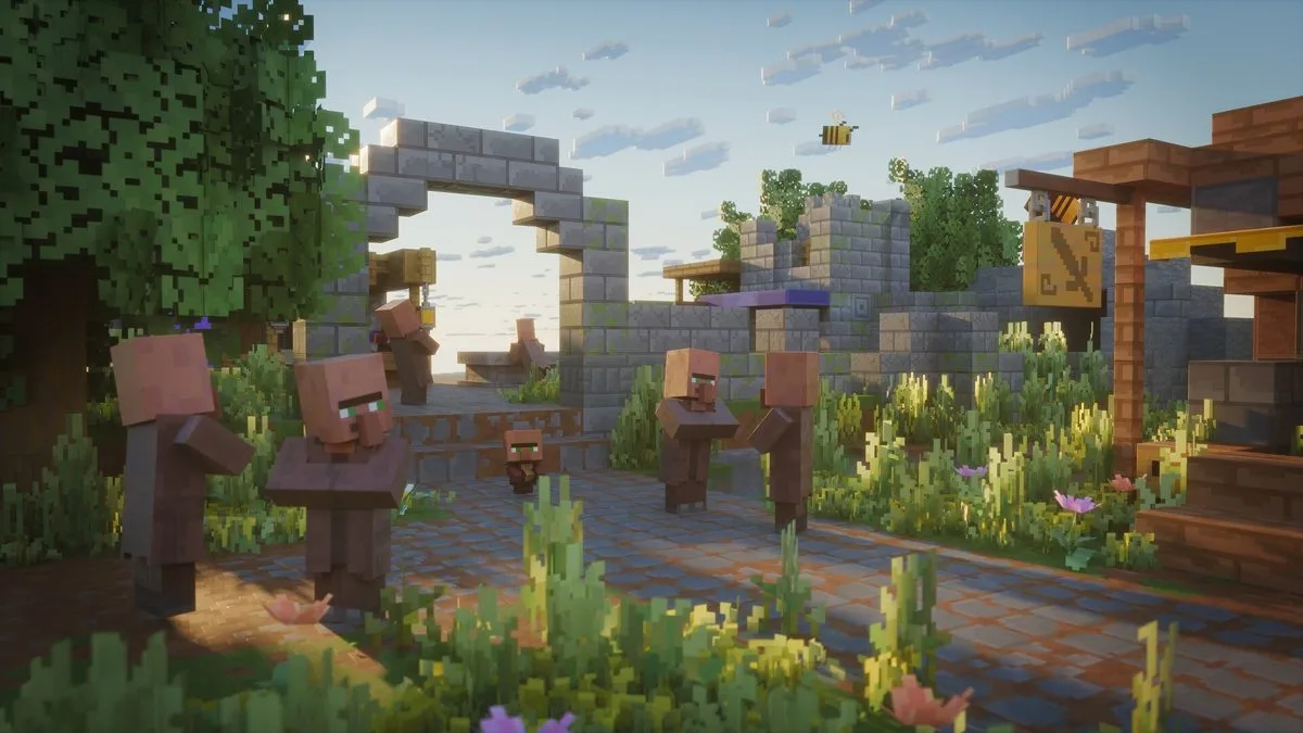 Minecraft Dungeons village scene with villagers and stone architecture.