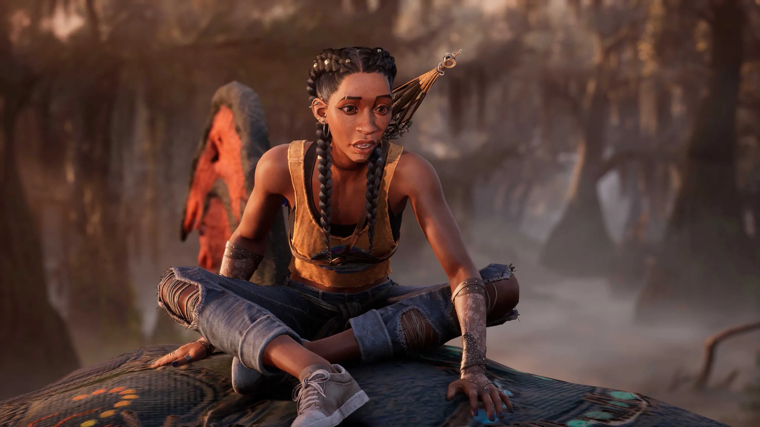 Hazel, the protagonist of South of Midnight, sitting cross-legged on the back of a giant fish.