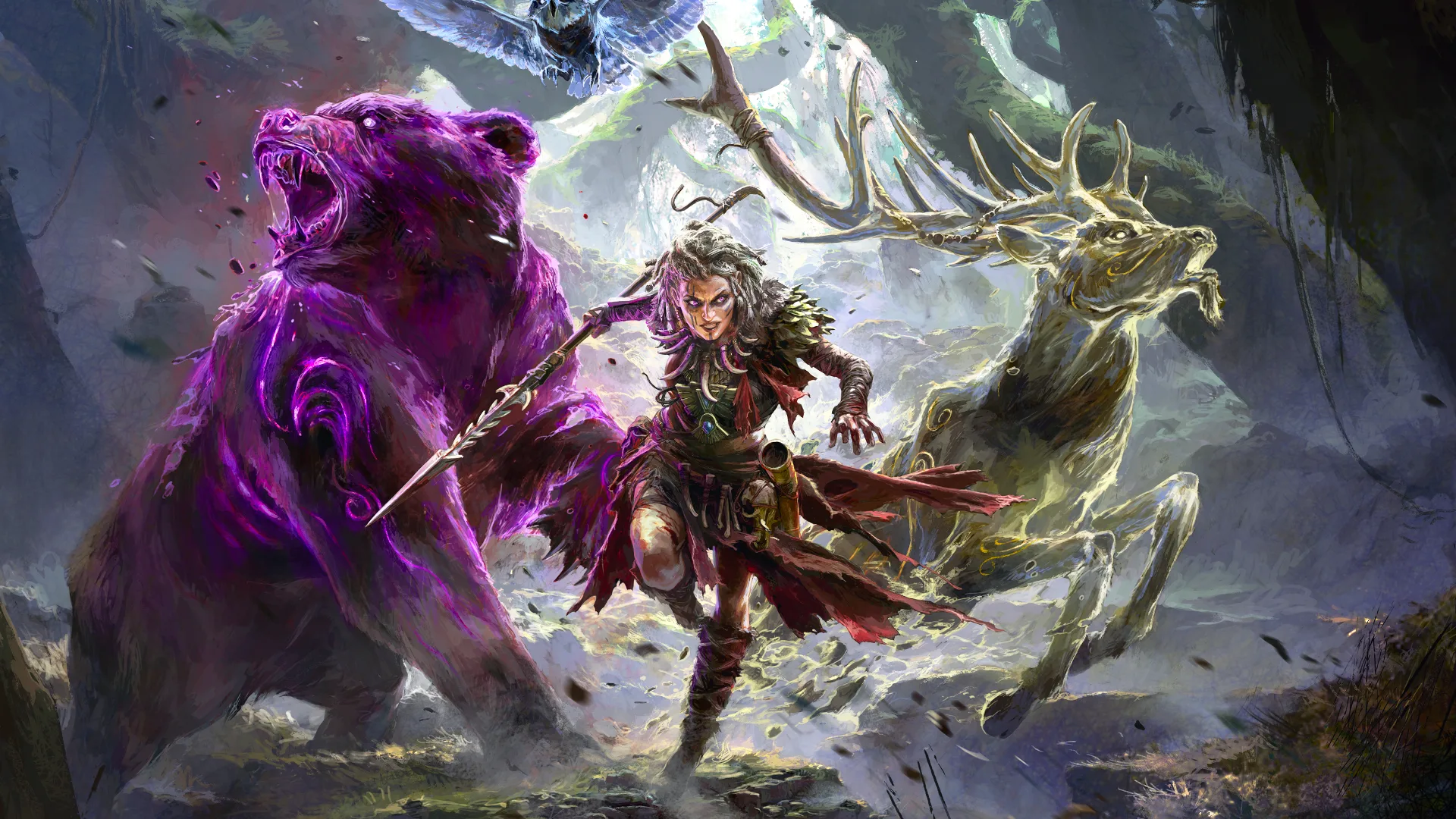 Path of Exile 2 key art: Huntress with spirit bear and elk.