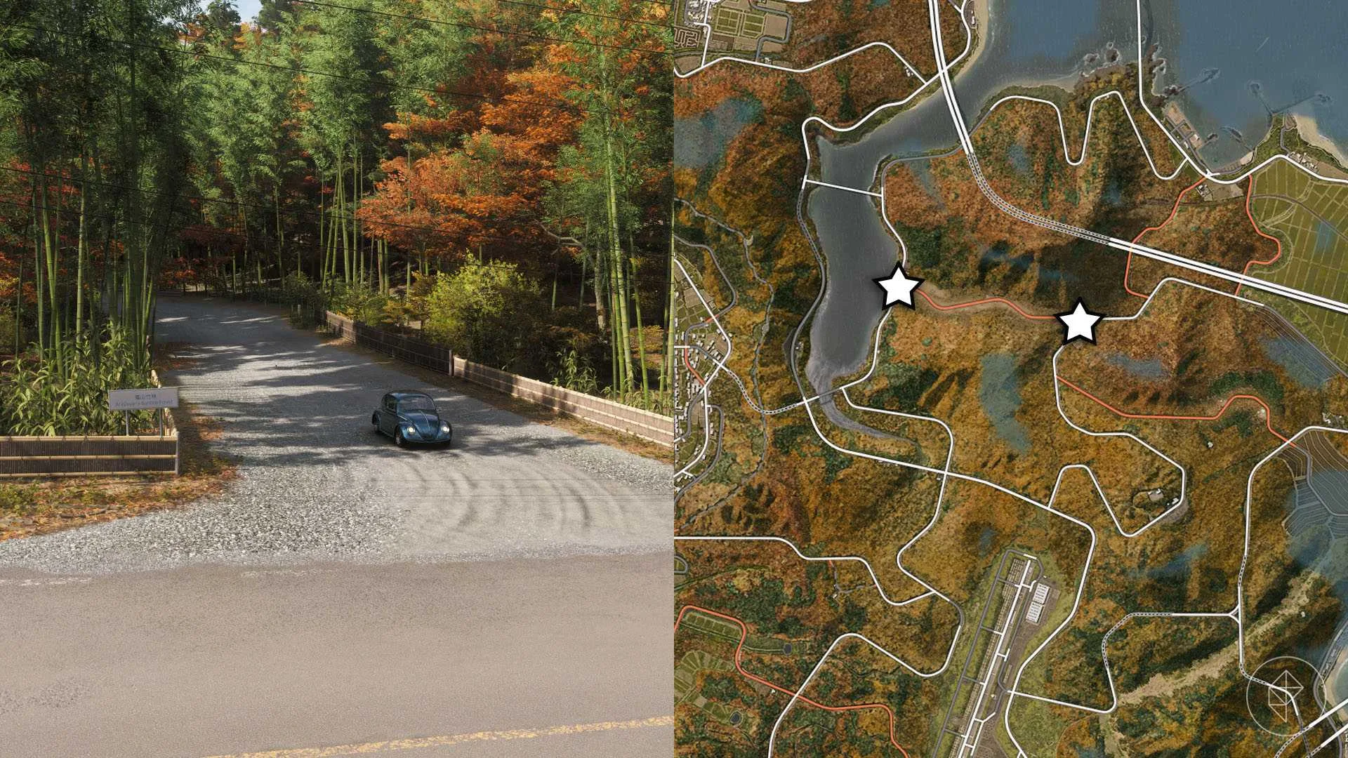 A montage with two Forza Horizon 6 pictures showing the location of the bamboo forest int he game