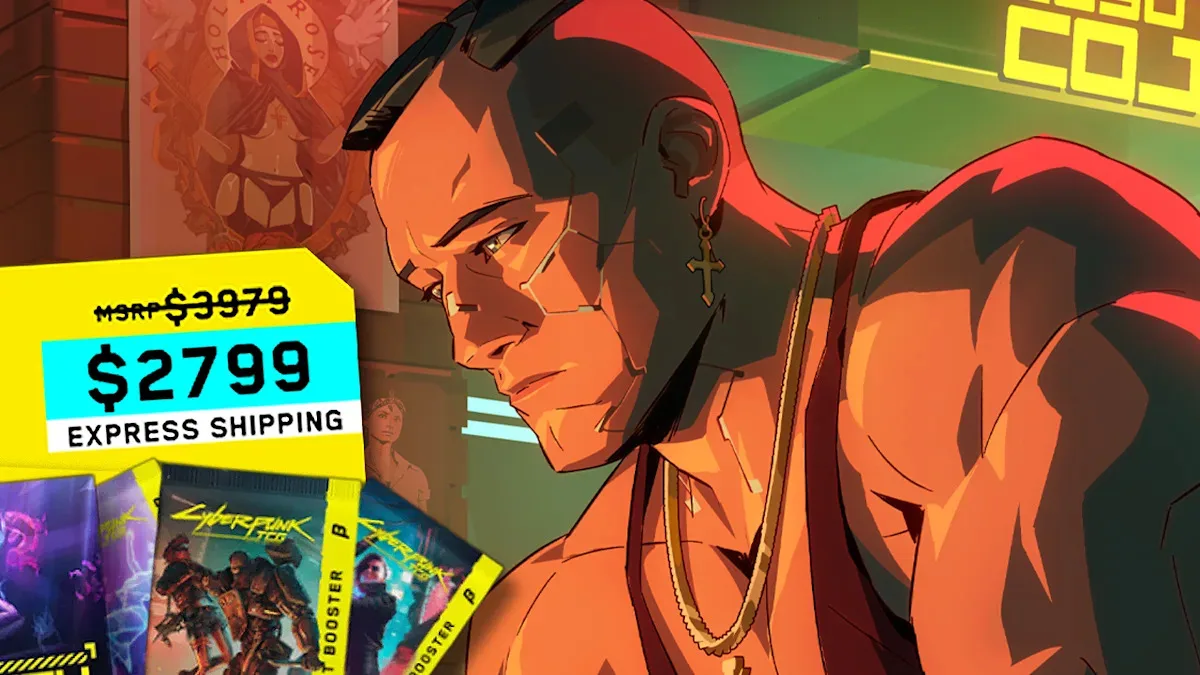 Cyberpunk 2077 TCG booster packs and character art.