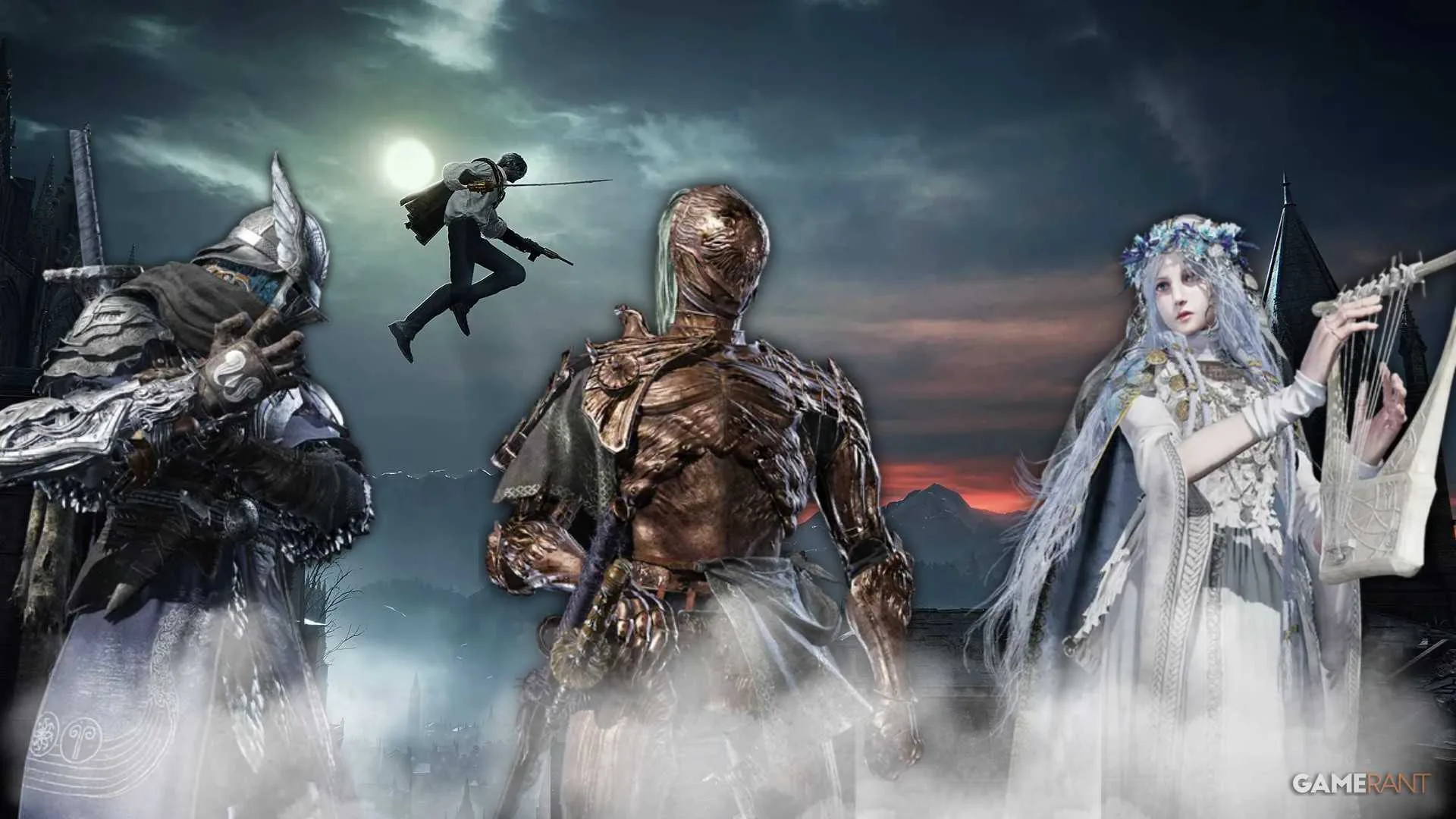 The Duskbloods gameplay screenshot with overlaid images of Revenant, Wylder, and Executor from Elden Ring Nightreign