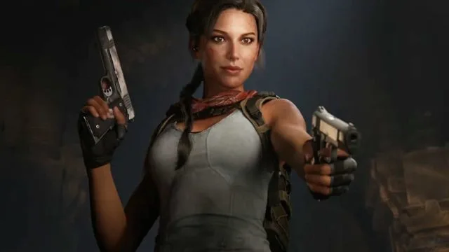 Lara Croft, dual-wielding pistols, ready for action in the new Tomb Raider game.