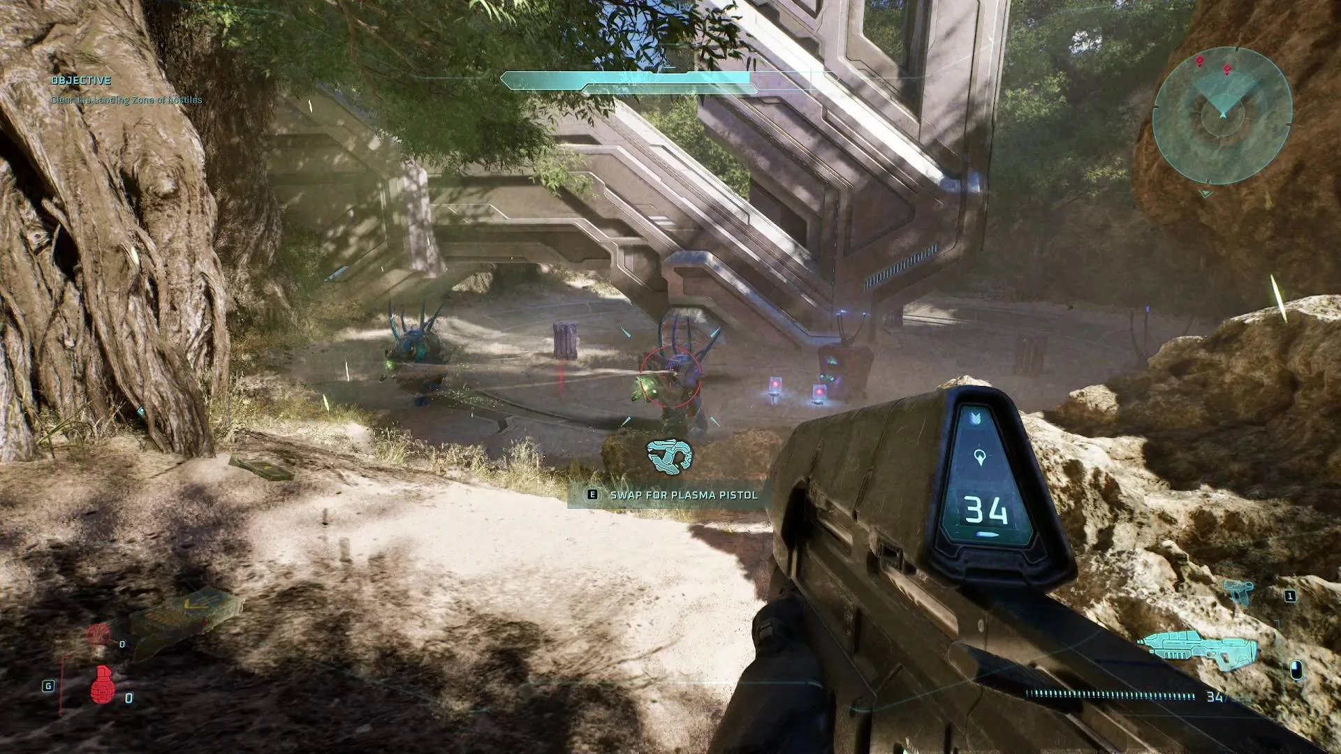 The player wielding an assault rifle in Halo: Campaign Evolved and aiming at two hunters on The Silent Cartographer level.