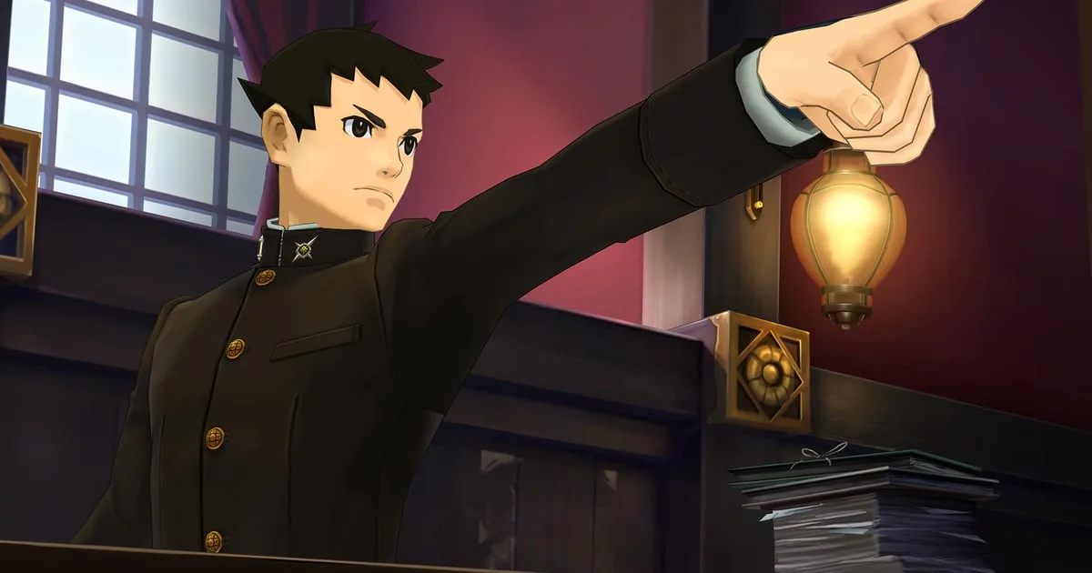 Phoenix Wright points in court. Capcom game visual.