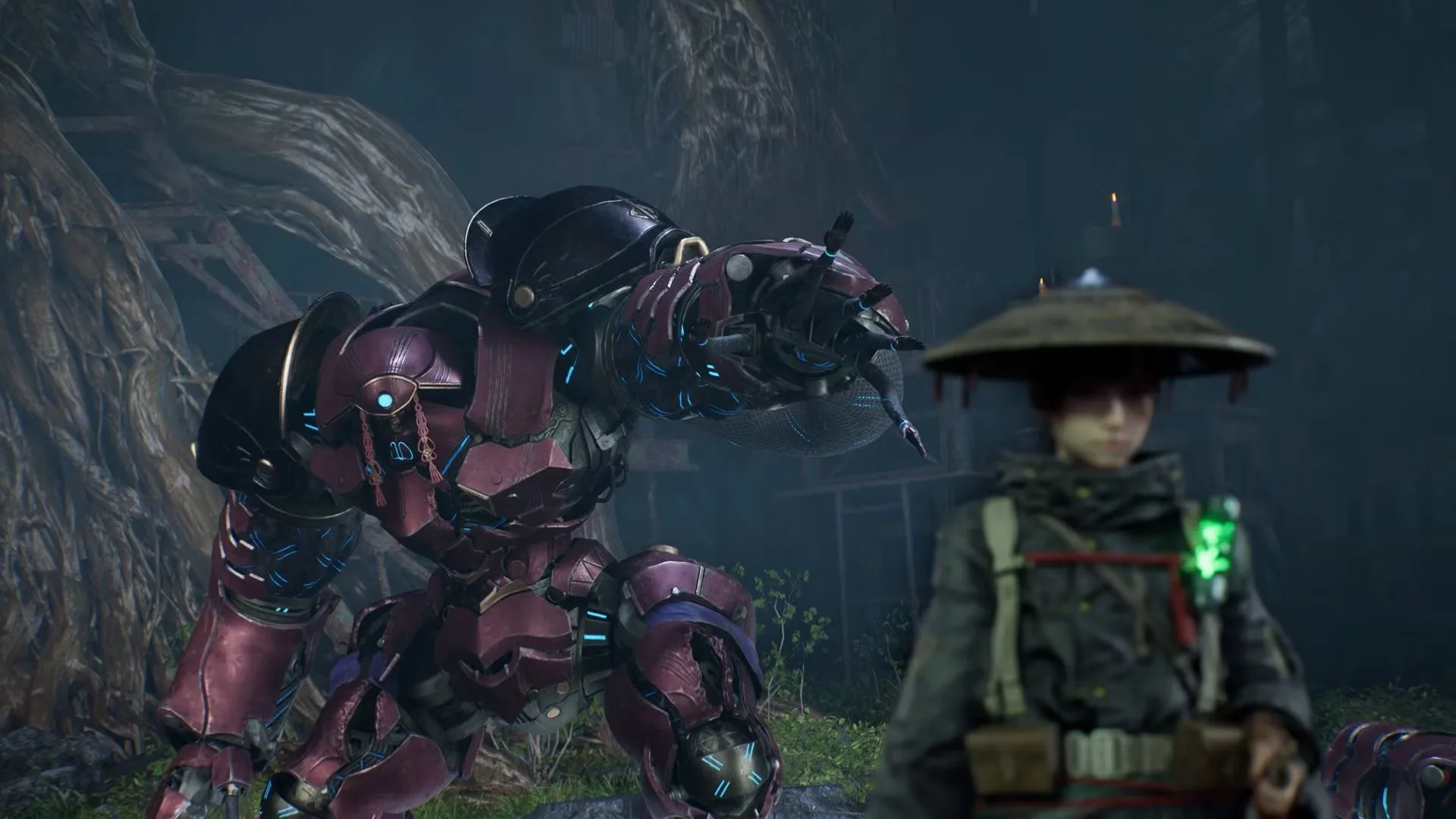 A cutscene from Beast of Reincarnation showing Emma walking away from a big pink robot