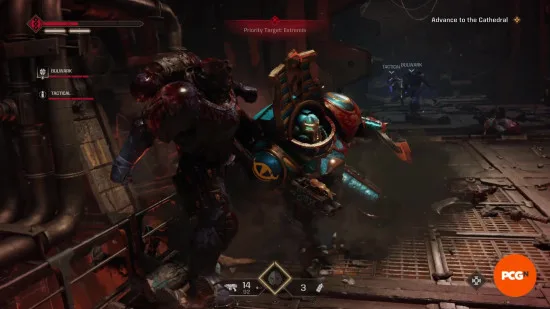 Space Marine 2 missions: A Space Marine winding up a punch to execute a Thousand Sons enemy in a hallway.