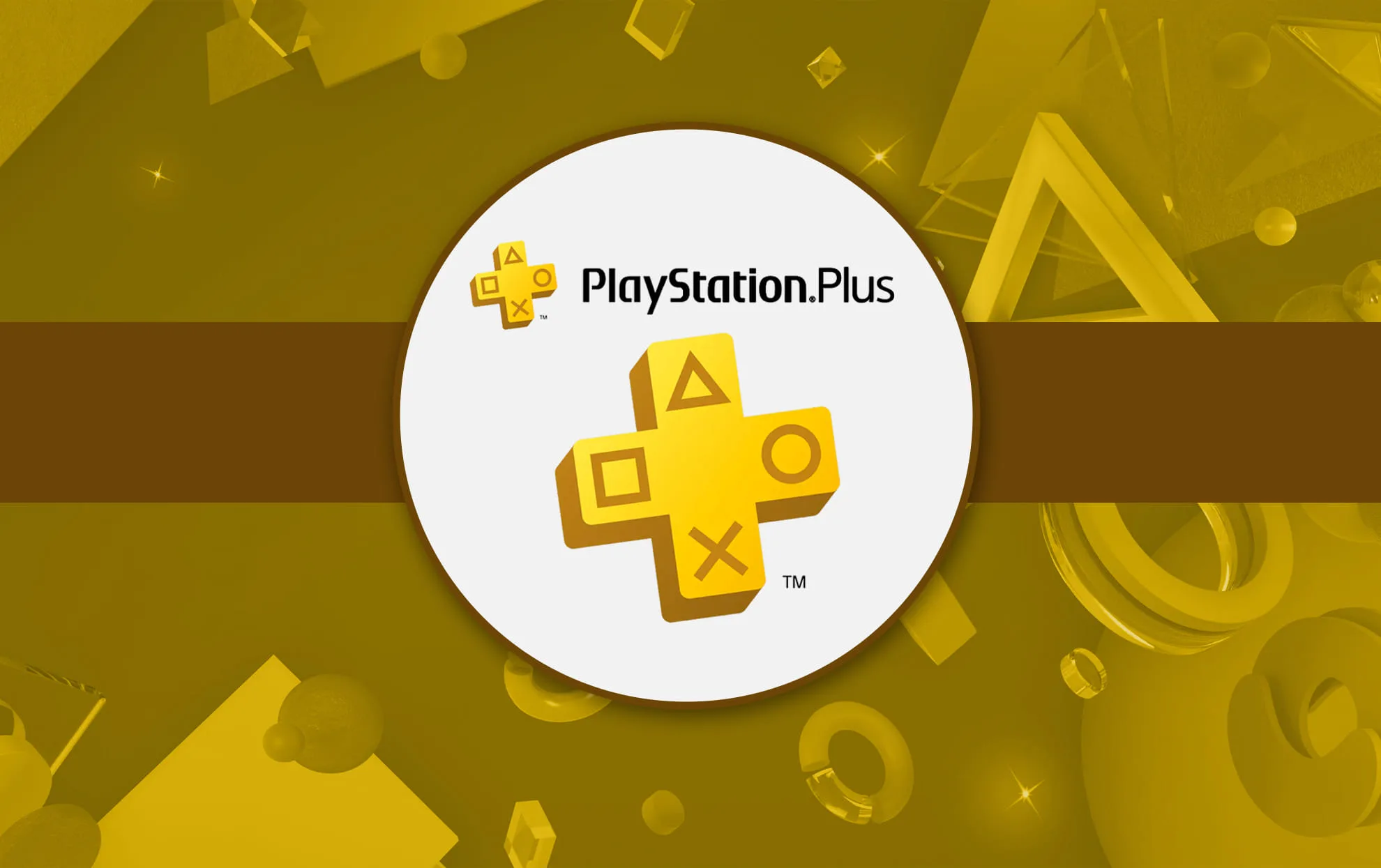 PlayStation Plus logo on a yellow geometric background.