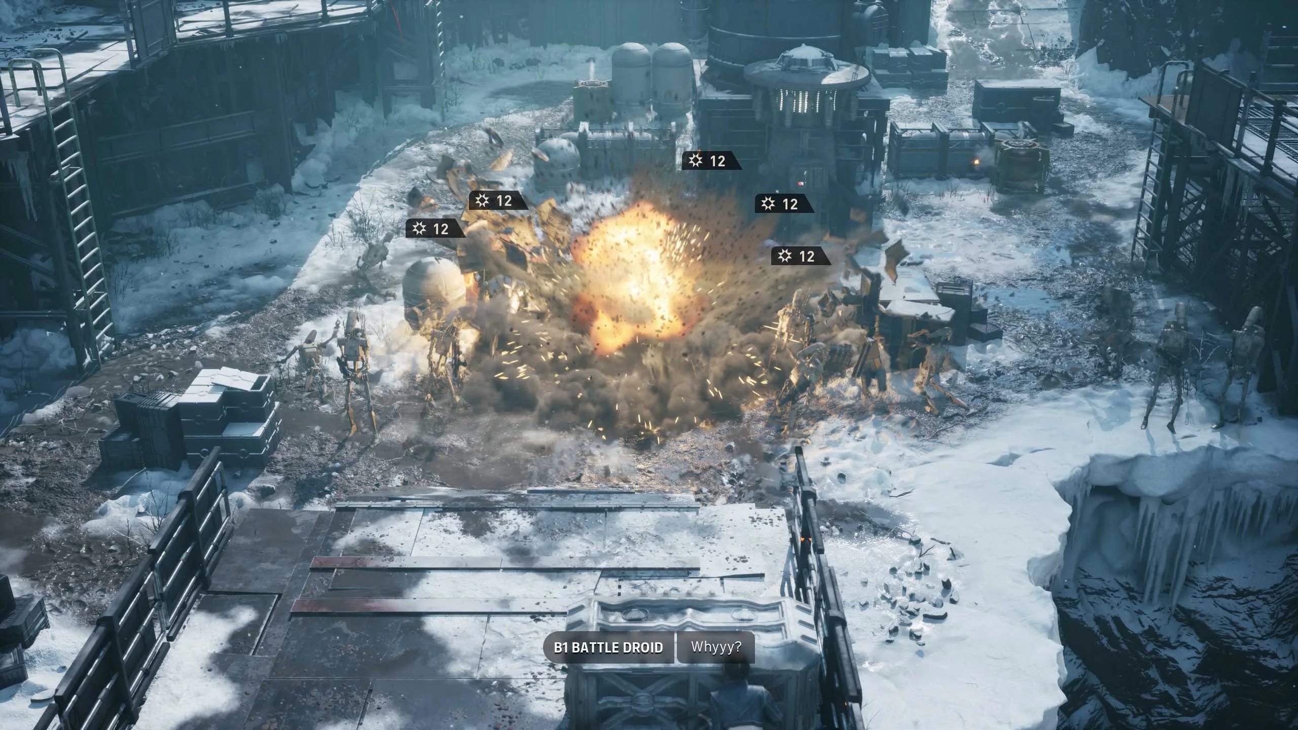 A group of droids being blown to pieces in Star Wars Zero Company, as one of them shouts "Whyyy"